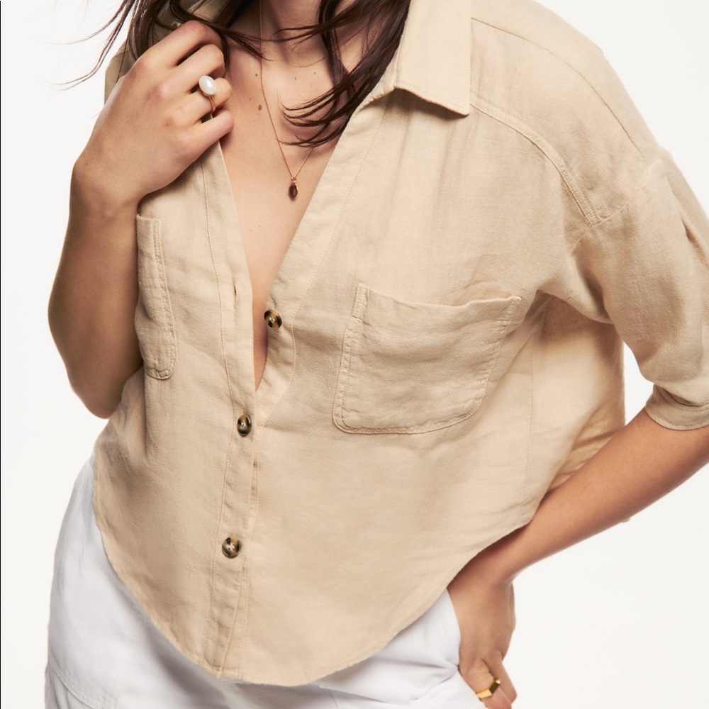 *NWT*  Zara Short Sleeve Linen Shirt, Sand